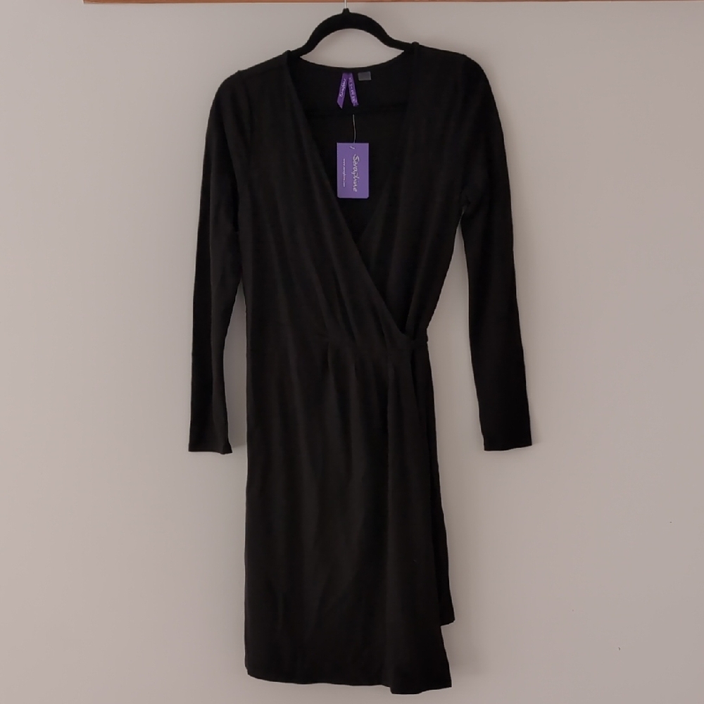 Seraphine Black Long Sleeve Wrap-Style Maternity Dress